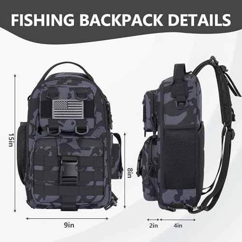 GMAK Fishing Backpack Tackle Sling Bag, Tactical Fishing Tackle Backpack with Rod & Gear Holder, Lightweight Outdoor Water-Resistant Tackle Gear Pack Shoulder Bags for Men Women, Black Camo - color: Black Camo, size: Standard, style: Sling Backpack
