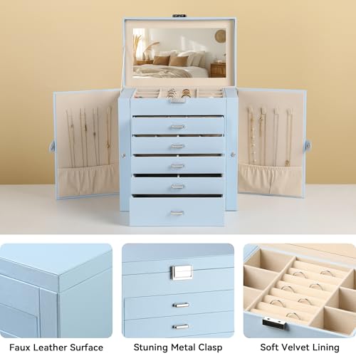 Frebeauty Large Jewelry Box,6-Tier PU Leather Jewelry Organizer,Multi-functional Storage Case with Mirror,Accessories Holder with 5 Drawers for Necklace Bracelets Watches(Sky Blue) - color: Sky Blue, size: Large