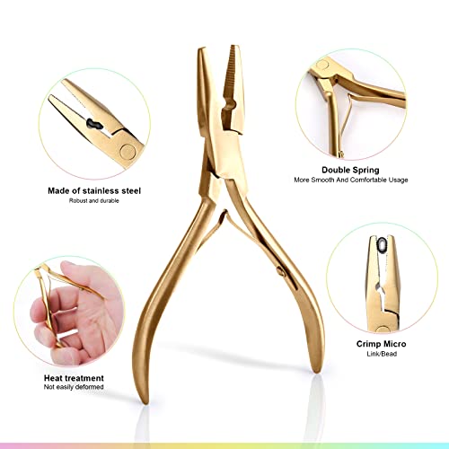 EHDIS Hair Extension Beading Tool Kit Stainless Steel Hair Extensions Micro link Bead Closer and Remover Pliers set, Beads Hair Pulling Hook & Micro Ring Loop Tool Set (Gold) - color: Gold