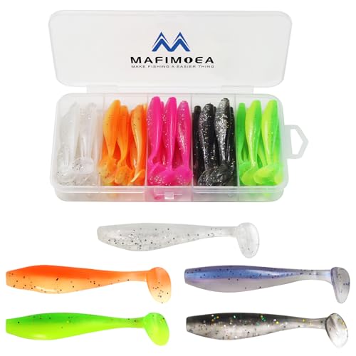 MAFIMOEA 50 Pcs Soft Fishing Lures Plastic Paddle Tail Swim Baits Kit for Bass Trout Walleye Crappie 5 Mixed Colors Fishing Soft Plastic Lure Kit 5.5CM - color: Mixed colors