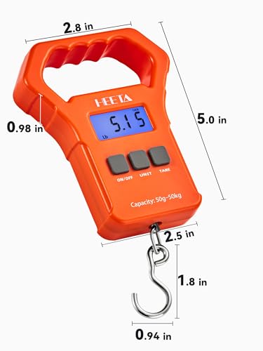 HEETA Fish Scale, 110lb/50kg Digital Portable Hanging Fishing Weight Scale with Backlit LCD Display, Luggage Scale with Hook, Non-Slip Large ABS Handle & 2 AAA Batteries, Fishing Gifts Gear for Men - color: Orange