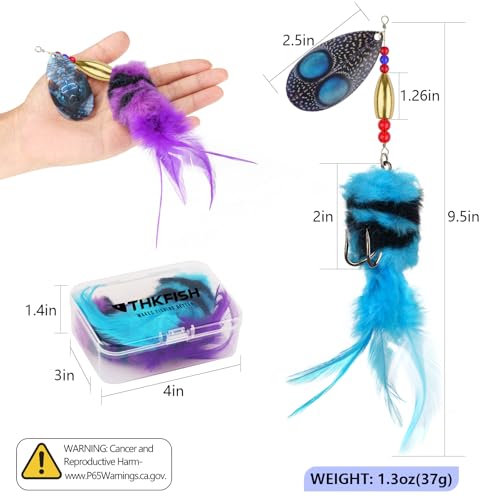 THKFISH Musky Pike Walleye Fishing Lure, Rooster Tail Fishing Lures with Hard Metal Brass Inline Spinner Baits with Tackle Box for Trout Bass Salmon Freshwater Saltwater Lures - color: Yellow&Orange, size: 1.3 oz---2pcs