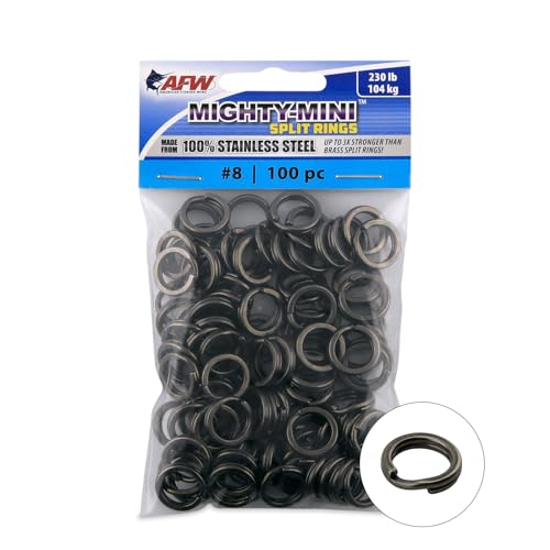 American Fishing Wire Mighty Mini Stainless Steel Split Rings, 3 Times Stronger Than Brass, Superior Holding Power for Fisherman and Outdoorsman - 100pcs in Bright Stainless Steel and Gunmetal Black - size: 100 pc, #8, 230 lb test, style: Gunmetal Black