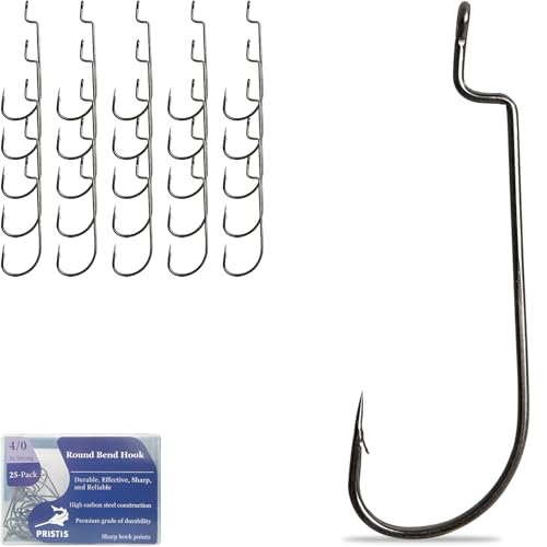 Pristis 25 Pack High Carbon Steel Fishing Hooks, Reinforced EWG Circle Octopus Round Bend 60 Degree Wide Gap Strong Barbed Worm Fish Hook Jig Bait Rig for Saltwater Freshwater Bass Tuna Walleye Trout - color: Round Bend, size: 4/0
