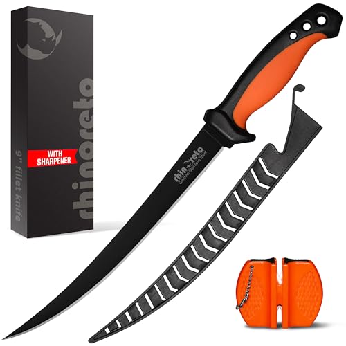 Rhinoreto Fillet Knife for Fish - Razor Sharp G4116 German Stainless Steel Blade, 9 Inch Professional Filleting & Boning Knife with Non-Slip Handle, Protective Sheath & Sharpener - color: Orange, size: 9"