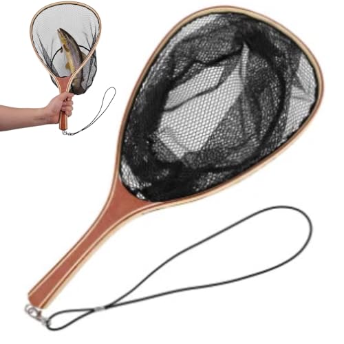 25.5in Fly Fishing Net, Trout Net with Wooden Handle, Soft Rubber Catch and Release Landing Net, Lightweight Fish Net with Safety Lanyard for Stream Creek River Fishing