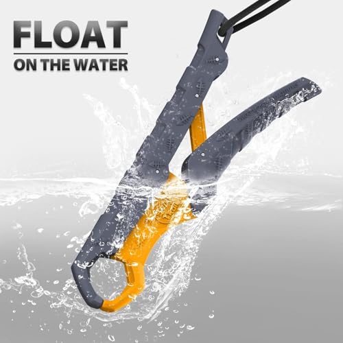 SNAIL TRAIL 7.5''/9'' Floating Fish Gripper, Fishing Grabber, Catfish Mouth Pliers, Caught Bass Holder, Digital Scale Hook Clamp, Saltwater Lip Grip Tool with Lanyard, Gifts for Men, Gray-Yellow - color: Gray-yellow, size: 7.5"