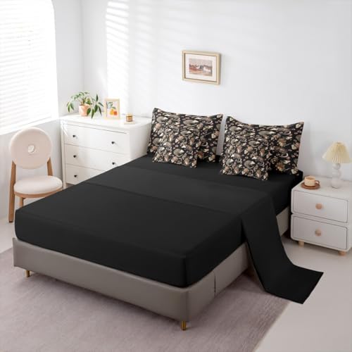 Erosebridal Opossum Comforter Set with Sheets King Size Rosy Animal 7-Piece Bedding Set for Kids Boys Girls Floral Garden Natural Romantic Wildlife Beige Black Pink Lightweight Bed in A Bag - color: Beige Black Pink, size: King