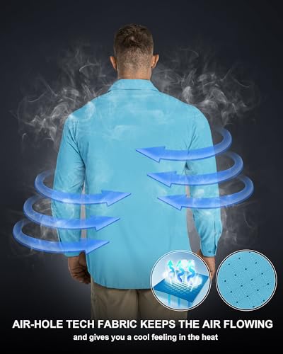 33,000ft Men's Long Sleeve Sun Protection Shirt UPF 50+ UV Quick Dry Cooling Fishing Shirts for Travel Safari Camping Hiking - color: Bright Blue, size: Small