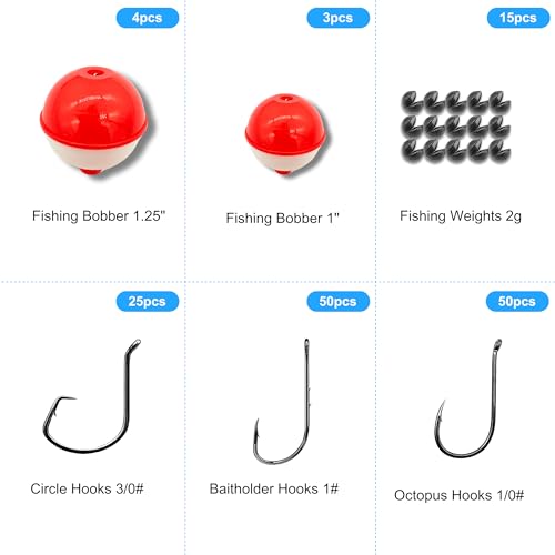 147PCS Fishing Tackle Kit, Including Fishing Hooks, Bobbers for Fishing, Octopus Circle Baitholder Hooks, Sinker Weights for Bass Trout Catfish Panfish