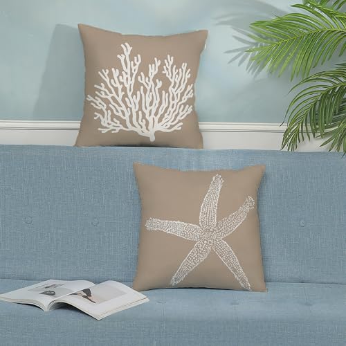 Brown Coastal Pillow Covers 16x16 Inch Set of 2 Nautical Brown Starfish Coral Throw Pillows Spring Summer Beach Ocean Pillowcases Linen Outdoor Decorative Cushion Covers for Bed Sofa Couch - color: Brown Starfish Coral, size: 16" x 16" (Pack of 2)