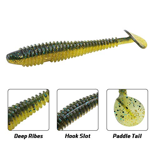 RUNCL Swimbaits Paddle 10/20/30/40PCS, 5/4/3/2 Inchs Paddle Tail, Soft Lure for Trout Crappie Bass, Durable Plastic Bait Swimmer for Saltwater/Freshwater, Fishing Lover's Gift - color: Dark Chartreuse, size: 4in, 20pcs