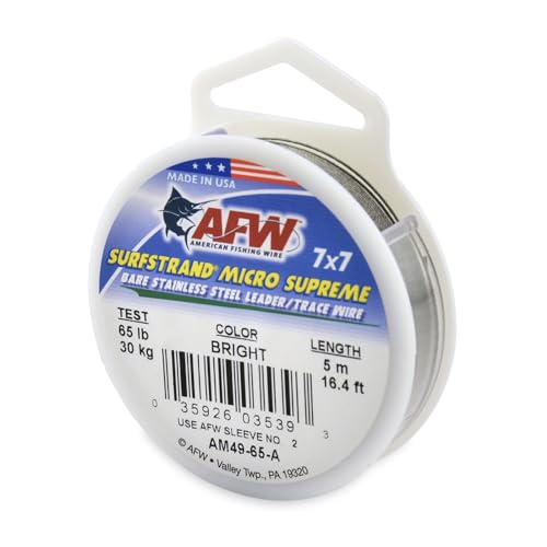 American Fishing Wire Surfstrand Micro Supreme Bare 7x7 Stainless Steel Leader Wire- Fishing Leader Line for Saltwater, 13lb Test - 20lb Test, Camo Color, 5m Length - color: Bright, size: 65 lb / 5m
