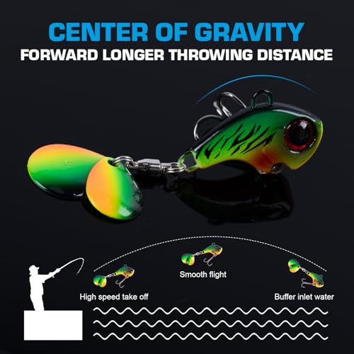 Goture Fishing Lures VIB Tail Spinners Bait Set, Two-Way Spinning Spoon System with Kona Treble Hook, Fixed Tube Anti-Tangle, 3D Eyes Sinking Lures with Tackle Box, Fishing Jigs Fishing Spinner Blade - color: B: 1/2 oz - 4 Pcs with Box