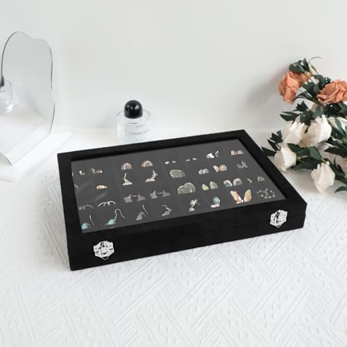 Wudygirl 40 Grid Jewelry Organizer Tray for Earrings Rings Bracelets Storage Necklaces Display Large Jewelry Box with Clear Lid Multiple Compartments Drawer Organization (Black Velvet) - color: Black, size: 40 Grid