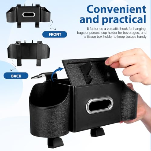 Ciieeo 4 in 1 Backseat Car Organizer with Cup Holder Tissue Box and Hooks Multifunctional Seat Back Storage Box for Road Trip Travel Accessories Universal Auto Headrest Holder - color: Black