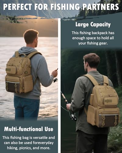 HAMBOLY Fishing Backpack with Tackle Boxes, 50L Fishing Tackle Bag with Cooler & Rod Holders, Waterproof Tackle Bag for Men - color: Brown