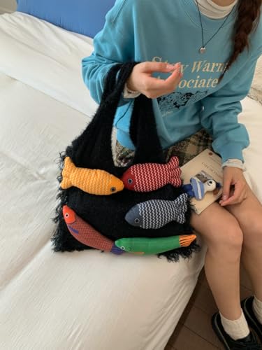 Knitted Beach Shoulder Bag for Women 3D Fish Bohemian Tote Versatile Purse Soft Hobo Handbag for Summer Vacation 2026 - color: D Black