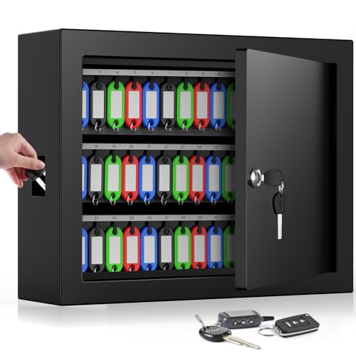 Nebakne 75 Keys Key Lock Box Wall Mount with 75 Colored Key Tags, Anti-Theft Key Box Key Cabinet with Side Opening, Key Organizer Key Safe for Home Office Garage Rental Business - color: Black, size: 75 Key Hook