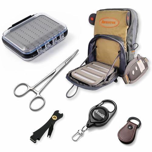 Aventik Fly Fishing Vest Tool Kit Fishing Gear with Fly Box Fly Fishing Forceps Nipper Retractor Fly Fishing Zinger Leader Straightener Beginner Fly Fishing Accessory Kit - style: Chest bag+H18SB+4in1