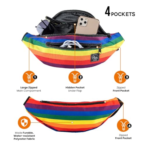 Vibe Festival Gear Rave Fanny Pack for Women Men – Festival, 4 Pockets, Adjustable Strap, Cute Waist Bag, Crossbody Belt Bag, Hiking, Running, Cycling - color: Rainbow, size: Fits Most