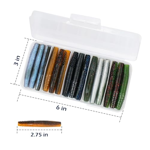 Soft Plastic Worm Fishing Lures Kit, Finesse TRD Stick Worms and Ned Rig Baits with Jig Heads for Bass Fishing, Freshwater Bass Soft Baits - color: Mix Color A - 30pcs Worms, size: 2.75"