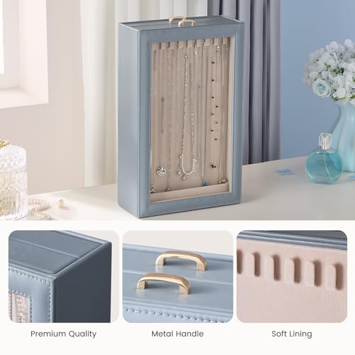 Lolalet Necklace Organizer Box, Jewelry Storage Box with Clear Window for Necklaces Bracelets, Tangle-Free Necklace Display Case for Women Girls, Dusty Blue, 2 Layers 20 Hooks - color: Dusty Blue, size: 2 Layers, 20 Hooks