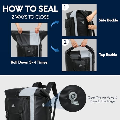 Haimont 100L Waterproof Backpack Large Roll Top Dry Backpacks Marine Dry Bags with Air Valve Travel Surfing Black/Grey - color: Black/Grey, size: 100L