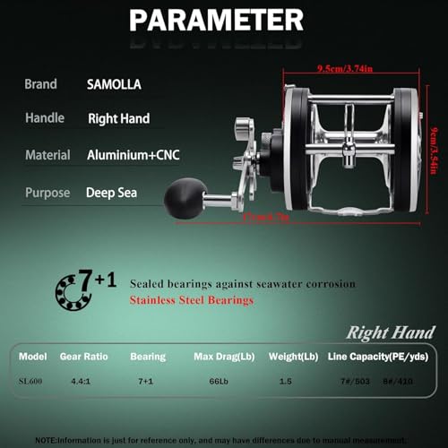 Sea Fishing Reel 44-66 LB Max Drag Saltwater Round Conventional Trolling Reel Aluminum CNC 2.8:1/4.4:1 Gear Ratio 5+1/7+1 Bearings for Tuna Salmon Marlin - color: Black-Right Hand, size: SL600