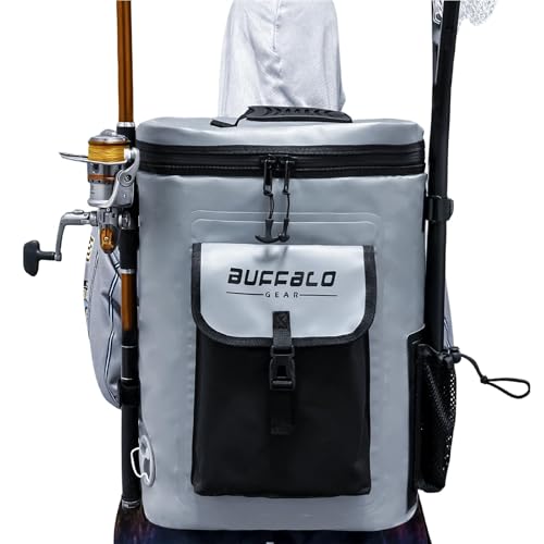 Buffalo Gear Fish Cooler Backpack 32Qt Waterproof Fishing Backpack Cooler Portable Fish Bag, Keep Ice Cold More Than 24 Hours - color: Grey-22qt