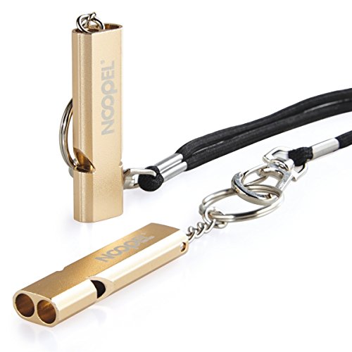 Noopel Emergency Whistles Lifeguard Safety Whistle with Lanyard and Keychain for Outdoor Camping Hiking Boating Backpacking Fishing Kayak Kids Rescue Signaling Loud Survival Whistle - color: 2 Pack Gold