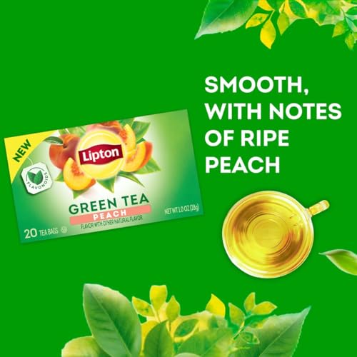 Lipton Green Tea Bags, Peach | 20 Tea Bags | Pack of 3 | With Caffeine | With Flavonoids - size: 20 Tea Bags (Pack of 3)