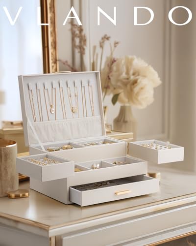 VLANDO 3 Layer Jewelry Box - Women Jewelry Box with Retractable Tray - Jewelry Organizers with Drawer for Necklaces, Rings, Bracelets, Earrings, Valentines Gift for Mom Girls - Cloud White - color: A.Cloud White, size: 3-Layer