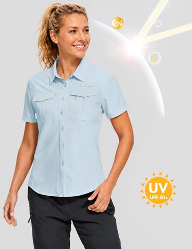 Haimont Women's UPF 50+ Short Sleeve Hiking Button Down Shirt | Quick-Dry Stretch, Mesh Back Vents, 2 Chest Pockets + Zip Pocket, Sunglasses Loop, Lens Cloth, Travel - color: Light Blue, size: Small