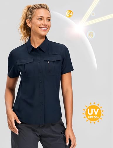 Haimont Women's UPF 50+ Short Sleeve Hiking Button Down Shirt | Quick-Dry Stretch, Mesh Back Vents, 2 Chest Pockets + Zip Pocket, Sunglasses Loop, Lens Cloth, Travel - color: Dark Blue, size: Small
