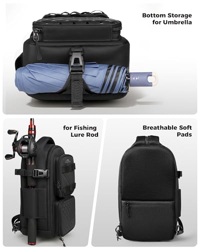 MATEIN Fishing Sling Bag with Lure Rod Holder & Phone Pouch, Waterproof 3600 Tackle Box Backpack with Removable Bait Binder - color: Black