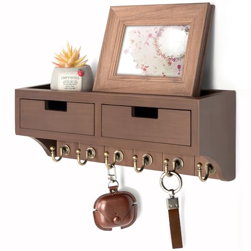 Rebee Vision Key and Mail Holder Wall Mount with 2 Drawer Organizer : Farmhouse Key Holder for Wall with 6 Key Hooks and Shelf - Rustic Home Decor for Apartment Essentials (Vintage Brown) - color: Brown, style: 2-Drawer
