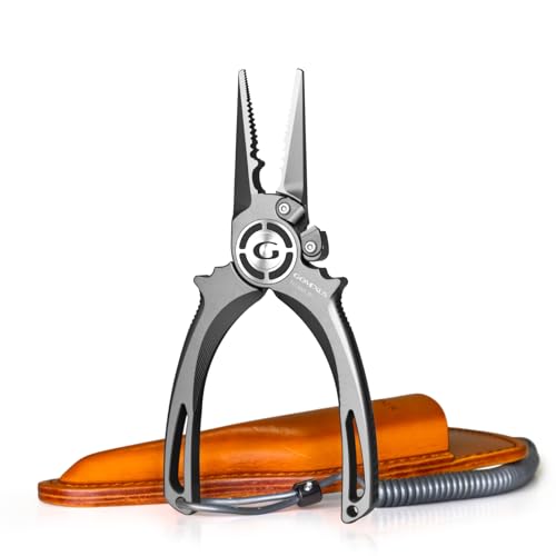GOMEXUS Fishing Pliers Saltwater with Side Cutters, Never Rust Inshore & Nearshore Titanium Fishing Gear with Lanyard & Leather Sheath, Hook Remover, (Straight Nose, 7 INCHES) - color: Straight Nose