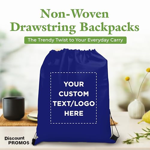 DISCOUNT PROMOS Custom Non-Woven Drawstring Backpacks Set of 10/50/100, Personalized Bulk Pack - color: Navy Blue, size: 10/50/100