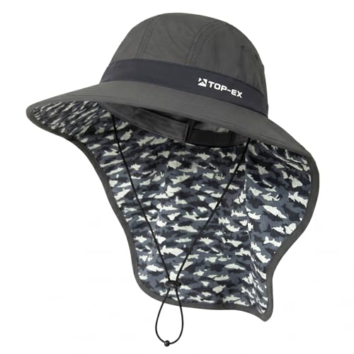 TOP-EX Cooling Sun Hat with Neck Flap – UPF 50+ Wide Brim Breathable Hat for Hiking, Fishing & Big Heads - color: Dark Grey - Fish Camo, size: X-Large-XX-Large