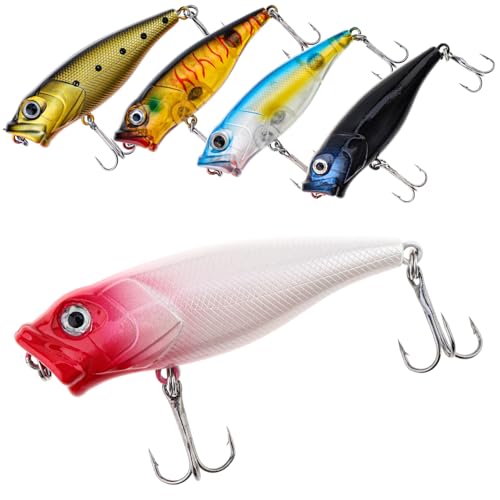 5pcs Fishing Popper Lure, Colorful 3D Eyes Topwater Lures Bass Lures Fishing Hard Baits