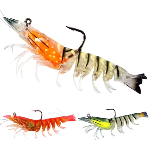 3Pcs Shrimp Fishing Lures for Saltwater and Freshwater Soft Bait Pre-Rigged Glow Eyes Lifelike Silicone Prawn Jig for Bass Trout Redfish Flounder Crappie Snook Walleye Fishing - color: 3.5 in 3pcs