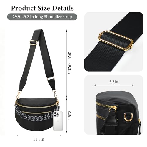 Crossbody Bags for Women, Checkered Bum Bag Crossbody, Spacious Nylon Shoulder Handbag Mom Bag (black+glossy black chain) - color: black+glossy black chain