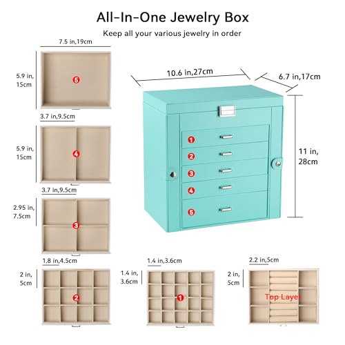 Frebeauty Large Jewelry Box,6-Tier PU Leather Jewelry Organizer,Multi-functional Storage Case with Mirror,Accessories Holder with 5 Drawers for Necklace Bracelets Watches(Turquoise) - color: Turquoise, size: Large