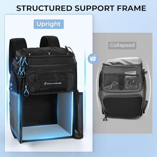 Calamus GearMaster Tackle Backpack with Bait Binder, Large Lightweight Water-Resistant Fishing Bag, Rod Holders, Food Storage - color: Black With (4) 3600 Tackle Boxes