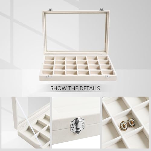 Wudygirl Jewelry Organizer Earring Holder Jewelry Tray with Lid Velvet Jewelry Box Jewelry Display Case Bracelet Earrings Ring Holder for Women Dresser (Beige 24 Grid Jewelry Tray) - color: Beige, size: 24 Grid