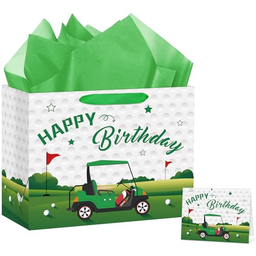 Hooqict Large Golf Gift Bag Golf Themed Birthday Party Gift Wrapping Bag with Handles, Tissue Paper, Greeting Cards for Kids Boys Men Goodie Candy Treat Party Favors - color: Golf