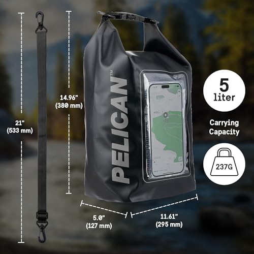 Pelican Marine IP68 Waterproof Dry Bag 5L with Phone Pouch/Case - Black | Roll Top Waterproof Backpack with Touchscreen Phone Pouch - Swimming, Kayaking, Camping, Rafting, Fishing & Travel Essentials - color: Stealth Black, size: 5L