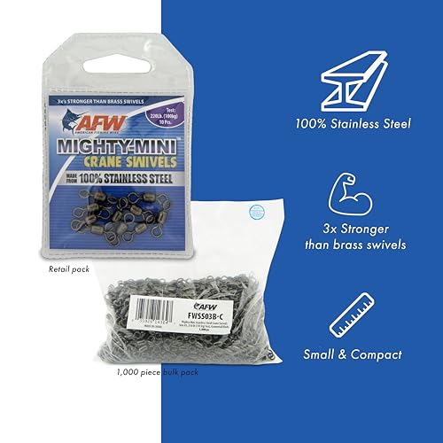 AFW American Fishing Wire Fishing Swivels - Mighty Mini 100% Stainless Steel Crane Swivels, 3X Stronger Than Brass, for Terminal Tackle Box, Up to 600lb Test - Fishing Gear for Fishing Line Leaders - size: 50 Pieces, 180 Pound Test