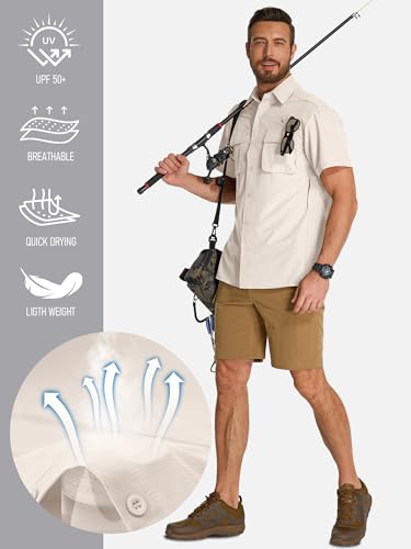 Mens Short Sleeve Button Down Shirts UPF 50+ Sun Protection Quick Dry Fishing Shirt for Travel Hiking Safari Camping - color: Light Khaki, size: Medium